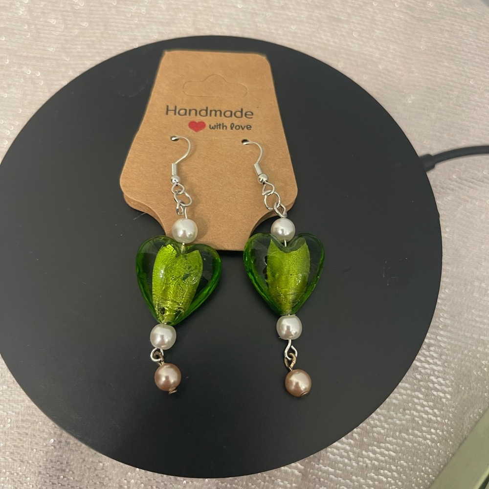Handmade Green Heart Earrings